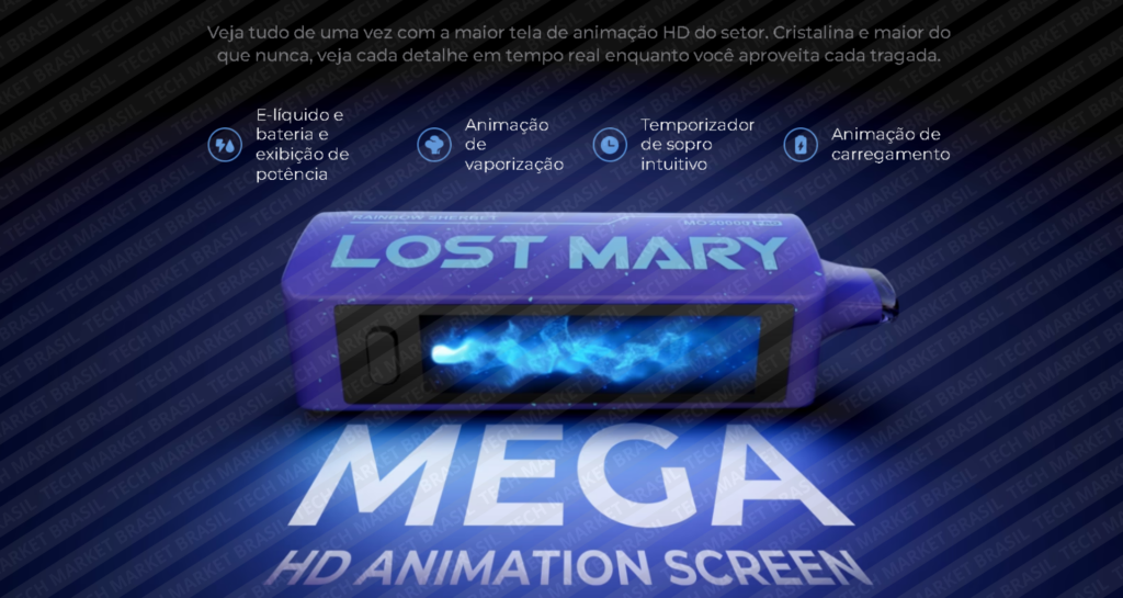 Tela Mega HD do pod descartável Lost Mary MO20000 PRO 20000 puffs mostrando bateria, e-líquido e potência