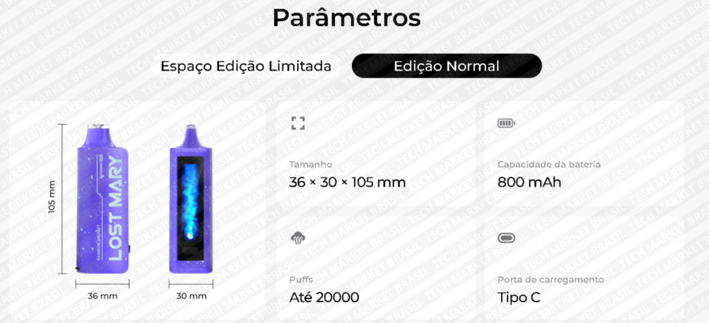 Especificações técnicas do Lost Mary MO20000 PRO 20000 puffs com bateria 800mAh e USB-C