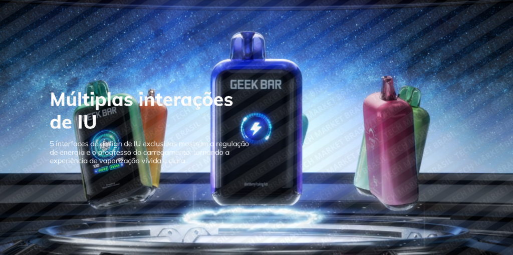 Interações de UI do Pod Descartável Geek Bar Skyeview, disponível na Tech Market Brasil