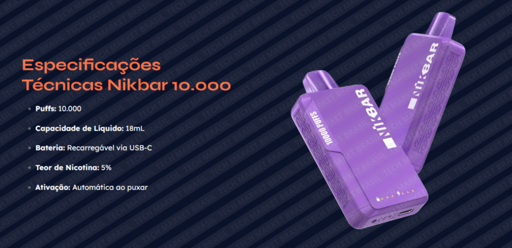 Especificações Tecnicas do Pod Descartável Nikbar 10000 Puffs na Tech