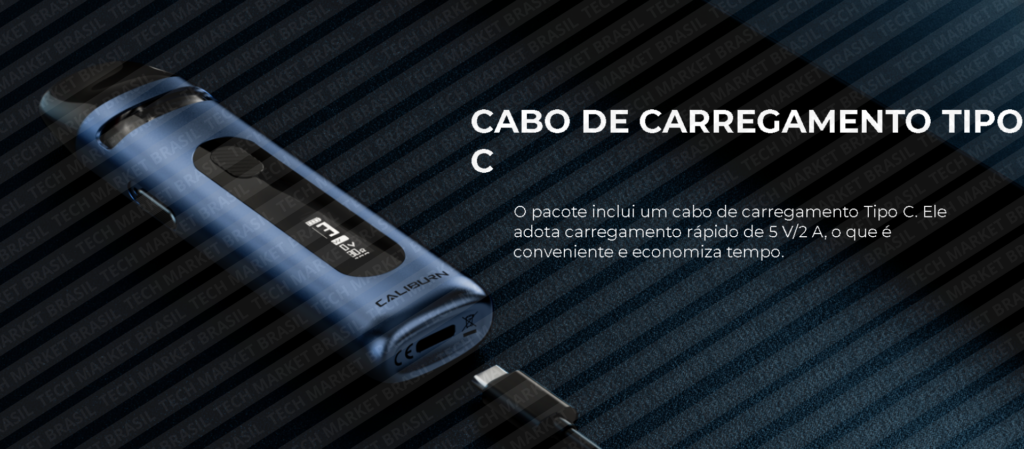 Carregamento tipo C do Pod System Uwell CALIBURN X na Tech Market Brasil