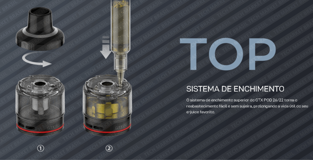 Enchimento Superior do Cartucho GTX 26/22 Vaporesso na Tech Market Brasil