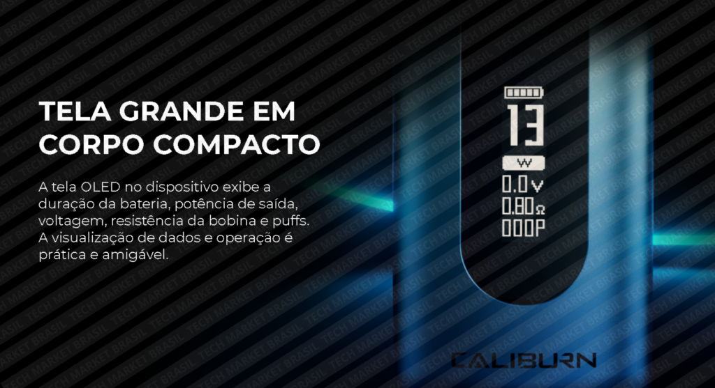 Tela OLED do Pod System Uwell CALIBURN X na Tech Market Brasil