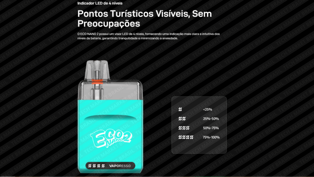 Indicadores do Pod System Vaporesso Eco Nano 2 disponível na Tech Market Brasil.