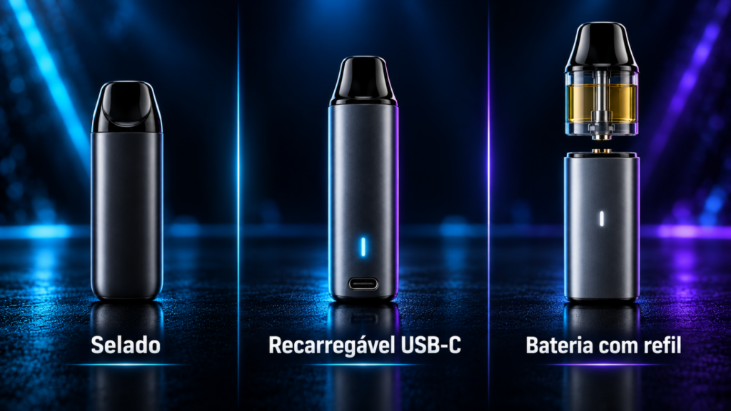 Diferença entre pod descartável selado, recarregável e com refil