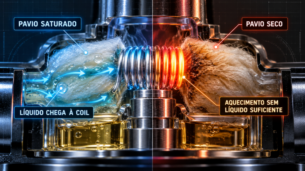 Comparação entre pavio saturado e pavio seco em uma coil de vape descartável.
