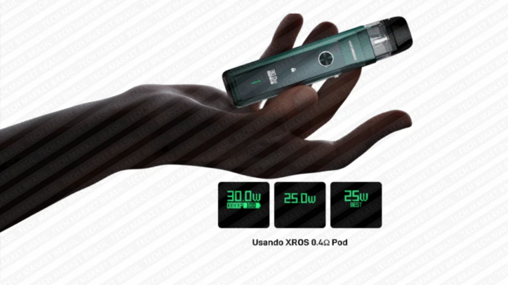 Display do Vaporesso XROS Pro mostrando nível de potência e contagem de Puffs