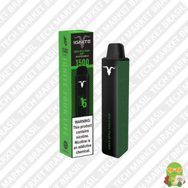 Banner do Pod Descartavél Ignite V15 – 1500 Puffs na Tech green apple Peach kiwi