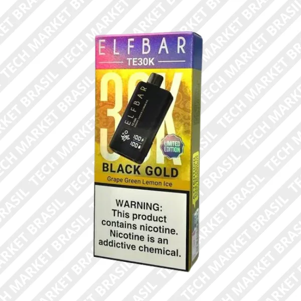 Pod Descartável Elf Bar TE30K Black and Gold na Grape Green Lemon Ice