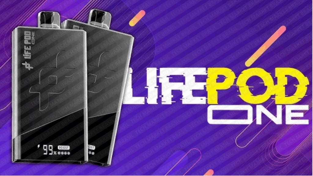Banner do pod descartável Life Pod The One 40K com tela digital; 40.000 puffs, tanque 22 ml e porta USB-C – Tech Market Brasil.