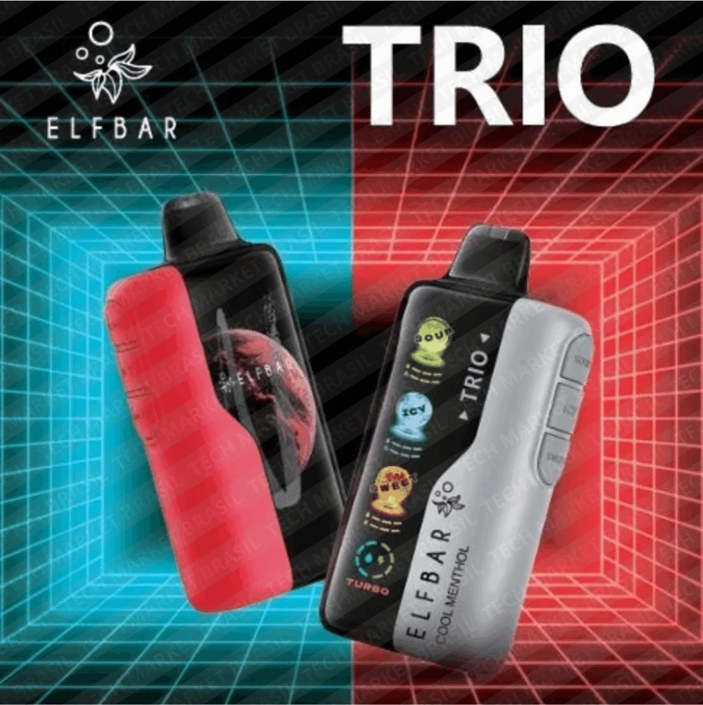 Banner promocional do Elf Bar Trio 40K na Tech Market Brasil, destacando 3 sabores ajustáveis e tecnologia de quatro mesh coils.