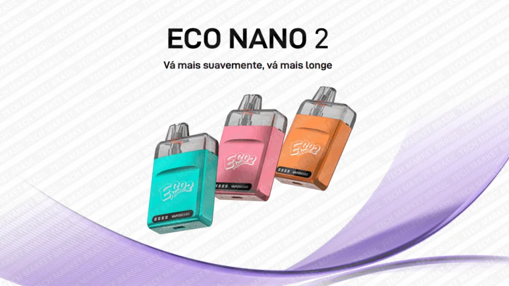 Banner do Pod System Vaporesso Eco Nano 2 com design moderno, bateria 1000mAh e cartucho de 6mL, disponível na Tech Market Brasil.