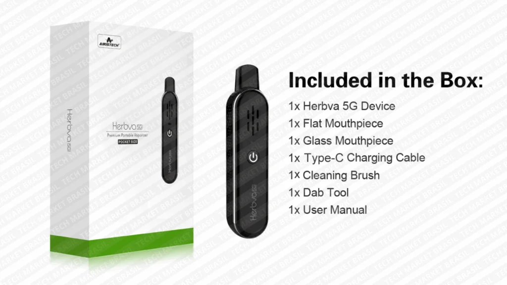 Oque vem na caixa do Vaporizador de ervas Herbva 5g Airistech na Tech Market Brasil