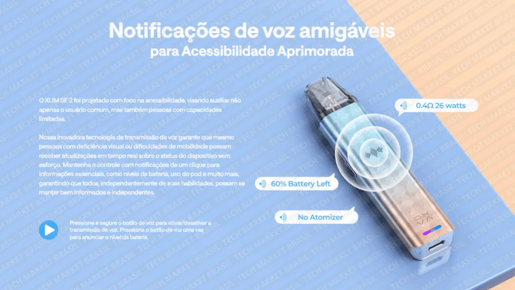 Tecnologia de voz do Pod System Oxva XLIM SE 2 na Tech Market Brasil